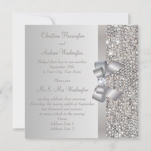 Invitation Séquins d'argent, Bow & Diamond Mariage Réception (Dos)