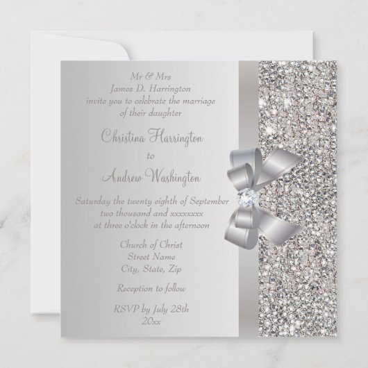 Invitation Séquins d'argent, Bow & Diamond Wedding Invite (Dos)