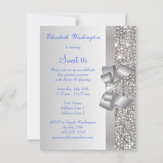 Invitation Séquins d'argent & Bow Royal Blue Texte Sweet 16 (Dos)