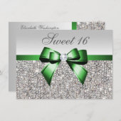 Invitation Séquins d'argent Faux Emerald Bow Diamond Sweet 16 (Devant / Derrière)
