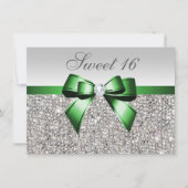 Invitation Séquins d'argent Faux Emerald Bow Diamond Sweet 16 (Devant)