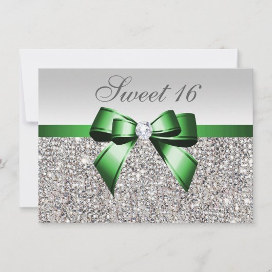 Invitation Séquins d'argent Faux Emerald Bow Diamond Sweet 16 (Devant)
