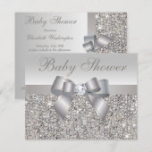Invitation Séquins d'argent imprimé, Baby shower Bow & Diamon (Devant / Derrière)