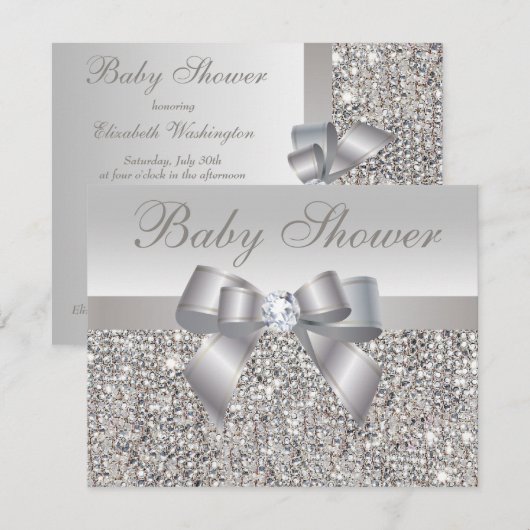 Invitation Séquins d'argent imprimé, Baby shower Bow & Diamon (Devant / Derrière)