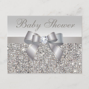 Invitation Séquins d'argent imprimé, Baby shower Bow & Diamon