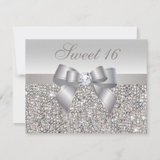 Invitation Séquins d'argent imprimé, Bow & Diamond Sweet 16 (Devant)