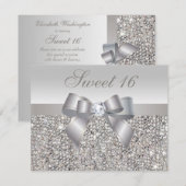 Invitation Séquins d'argent imprimé, Bow & Diamond Sweet 16 (Devant / Derrière)