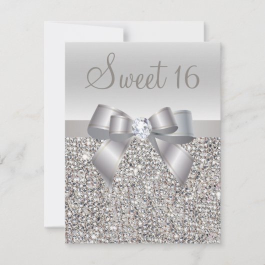Invitation Séquins d'argent imprimé, Bow & Diamond Sweet 16 (Devant)