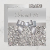 Invitation Séquins d'argent imprimé, Bow & Diamond Sweet 16 (Devant / Derrière)