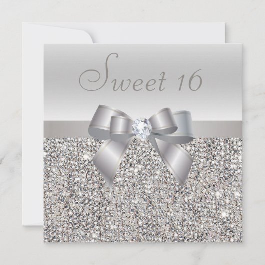 Invitation Séquins d'argent imprimé, Bow & Diamond Sweet 16 (Devant)