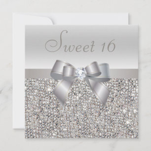 Invitation Séquins d'argent imprimé, Bow & Diamond Sweet 16