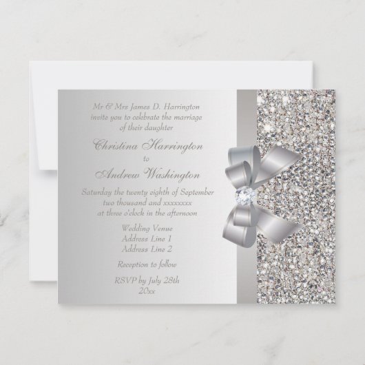 Invitation Séquins d'argent imprimé, Mariage Bow & Diamond (Dos)