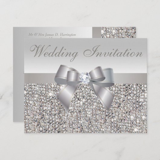Invitation Séquins d'argent imprimé, Mariage Bow & Diamond (Devant / Derrière)