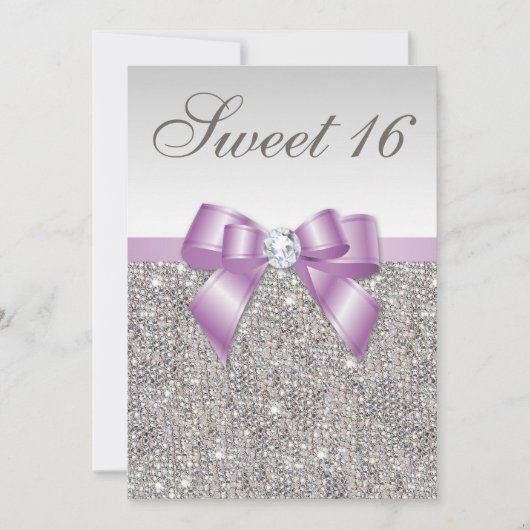 Invitation Séquins d'argent Lilac Faux Bow Sweet 16 (Devant)