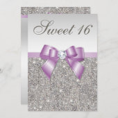 Invitation Séquins d'argent Lilac Faux Bow Sweet 16 (Devant / Derrière)