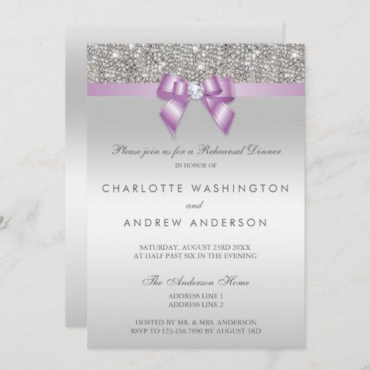 Invitation Séquins d'argent Plum Bow Dîner de répétition Mari (Devant / Derrière)