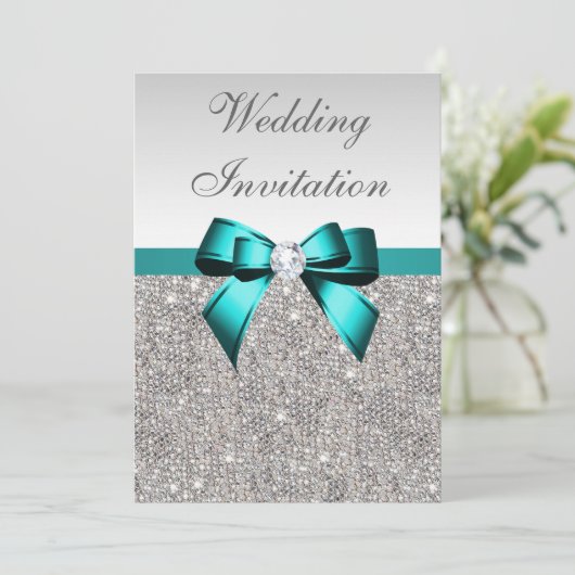 Invitation Séquins d'argent Vibrant Turquoise Mariage de bow  (Debout devant)