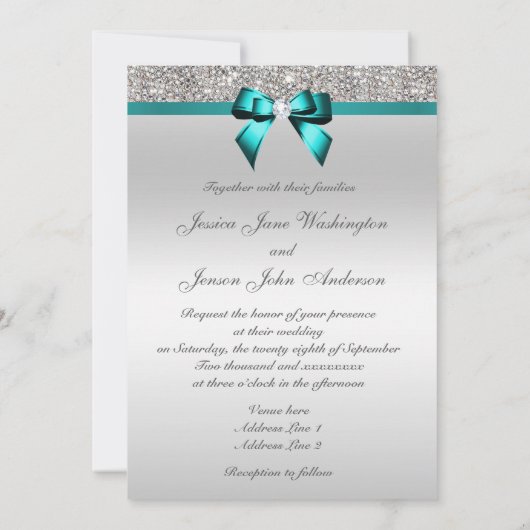 Invitation Séquins d'argent Vibrant Turquoise Mariage de bow  (Dos)