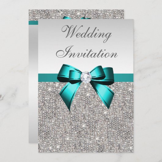 Invitation Séquins d'argent Vibrant Turquoise Mariage de bow  (Devant / Derrière)