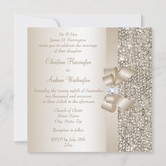 Invitation Séquins de Champagne, Mariage de Bow & Diamant (Dos)