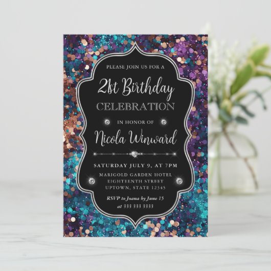 Invitation Séquins de sirène violet et bleu Frame Anniversair (Debout devant)