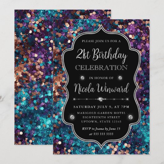 Invitation Séquins de sirène violet et bleu Frame Anniversair (Devant / Derrière)