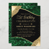 Invitation Séquins d'hiver vert et or 21e anniversaire (Devant / Derrière)