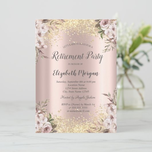 Invitation Séquins d'or Bordure Fleurs Boho Retraite (Debout devant)