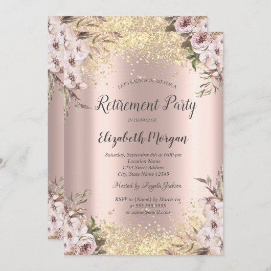 Invitation Séquins d'or Bordure Fleurs Boho Retraite (Devant / Derrière)