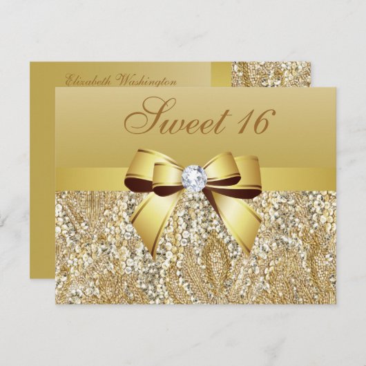Invitation Séquins d'or, Bow & Diamond Sweet 16 (Devant / Derrière)