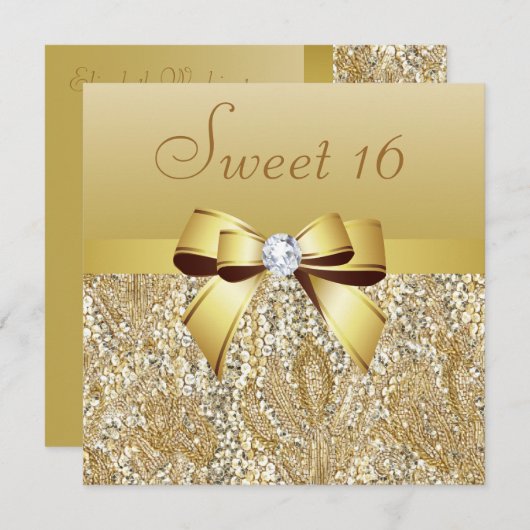 Invitation Séquins d'or, Bow & Diamond Sweet 16 (Devant / Derrière)
