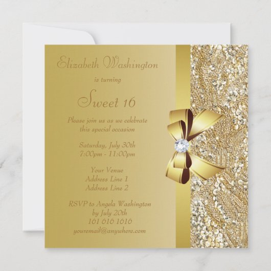 Invitation Séquins d'or, Bow & Diamond Sweet 16 (Dos)