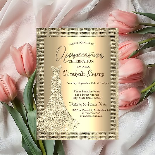 Invitation Séquins d'or, Chic Diamonds Robe Quinceañera