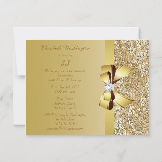 Invitation Séquins d'or, fête d'anniversaire de Bow & Diamond (Dos)