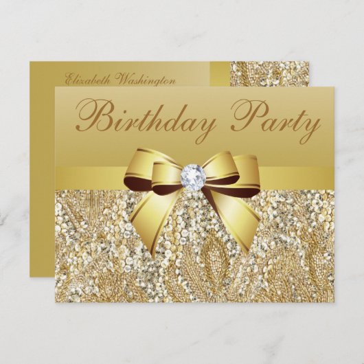 Invitation Séquins d'or, fête d'anniversaire de Bow & Diamond (Devant / Derrière)