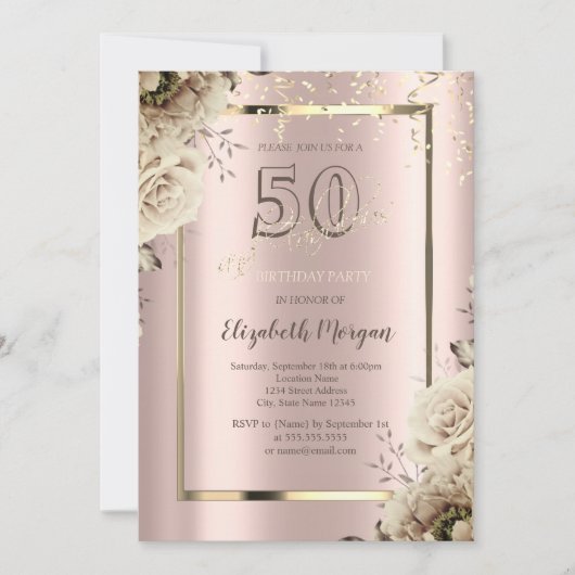 Invitation Séquins d'or, Fleurs Rose Or 50e anniversaire (Devant)
