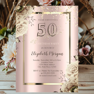 Invitation Séquins d'or, Fleurs Rose Or 50e anniversaire