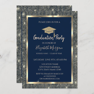 Invitation Séquins d'or Graduation Cap Marine Bleu Graduation