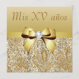 Invitation Séquins d'or, Quincennera de Bow & Diamond