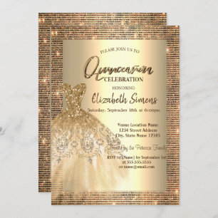 Invitation Séquins d'or, Robe Chic Quinceañera