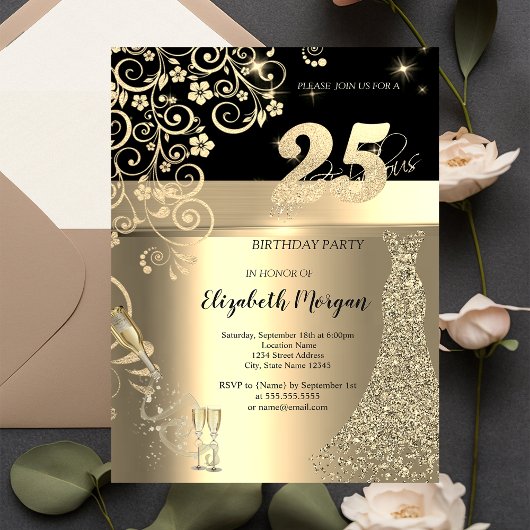 Invitation Séquins d'or Robe Fleurs de verre 25e anniversaire