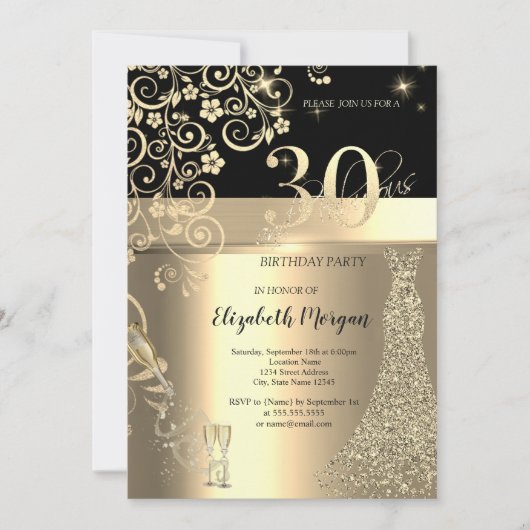 Invitation Séquins d'or Robe Fleurs de verre 30e anniversaire (Devant)