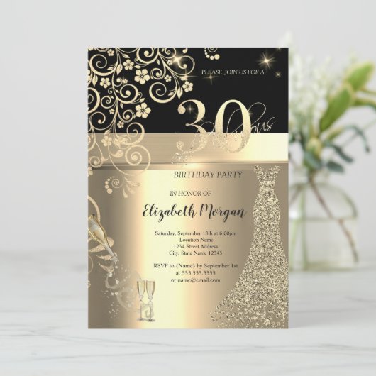 Invitation Séquins d'or Robe Fleurs de verre 30e anniversaire (Debout devant)