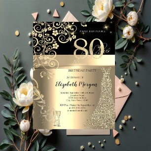 Invitation Séquins d'or Robe Fleurs de verre 80e anniversaire