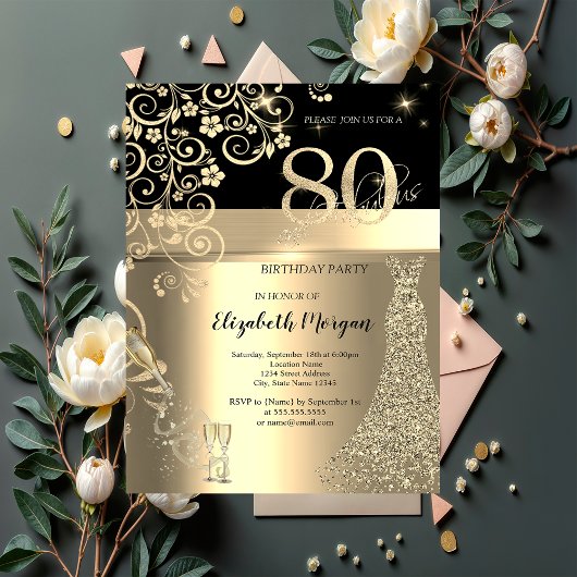 Invitation Séquins d'or Robe Fleurs de verre 80e anniversaire