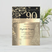 Invitation Séquins d'or Robe Fleurs de verre 90e anniversaire (Debout devant)
