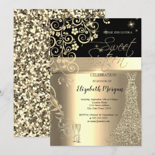 Invitation Séquins d'or robe Verre Floral Sweet 16 Anniversai