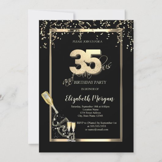 Invitation Sequins Dorés, Bouteille de Verre à Vin 35ème Anni (Devant)