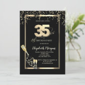 Invitation Sequins Dorés, Bouteille de Verre à Vin 35ème Anni (Debout devant)