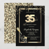 Invitation Sequins Dorés, Bouteille de Verre à Vin 35ème Anni (Devant / Derrière)